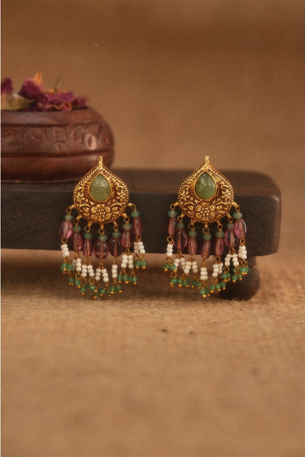 Antique Gold Ruby Jade Studs