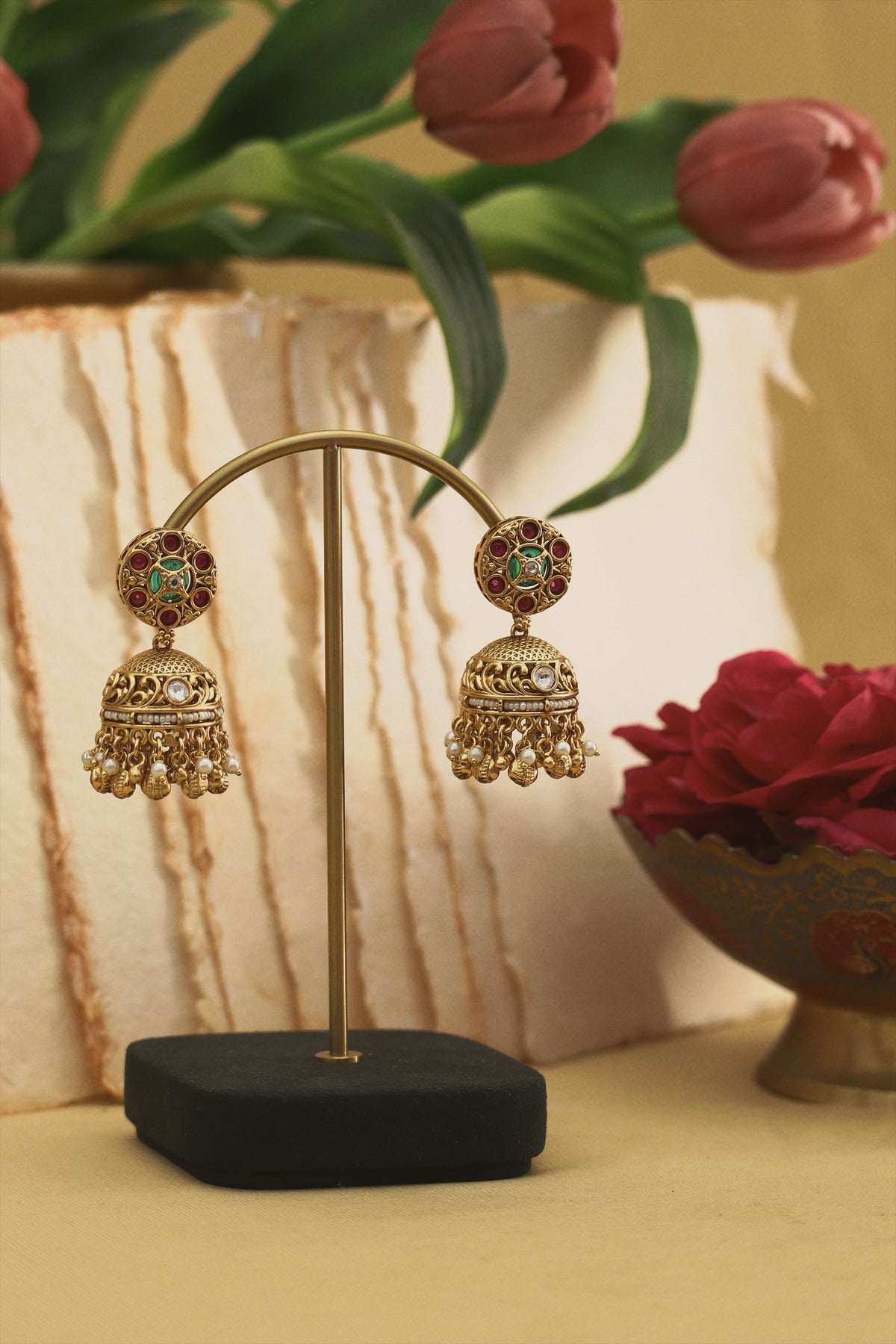 ruby kundan jhumki earrings